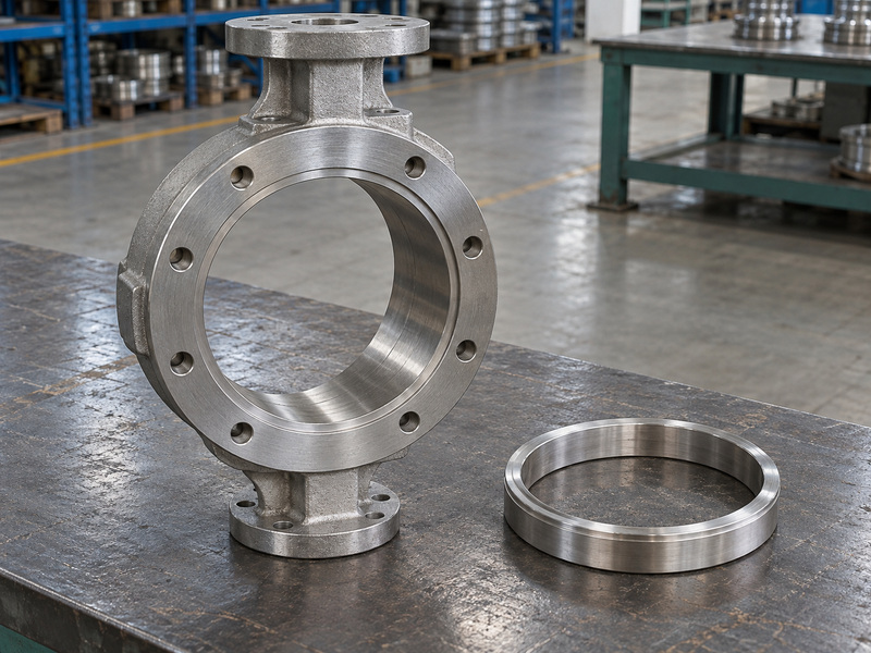 Illustrative carbon steel butterfly valve metal seat pressure-boundary review with a bare metal valve body and a separate metal ring on a workshop bench.