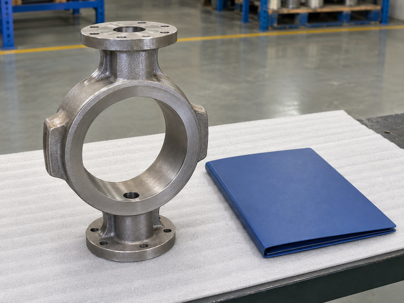 Illustrative carbon steel butterfly valve metal seat material-specification review with an empty unmarked cast body and a closed plain folder on a protective mat.