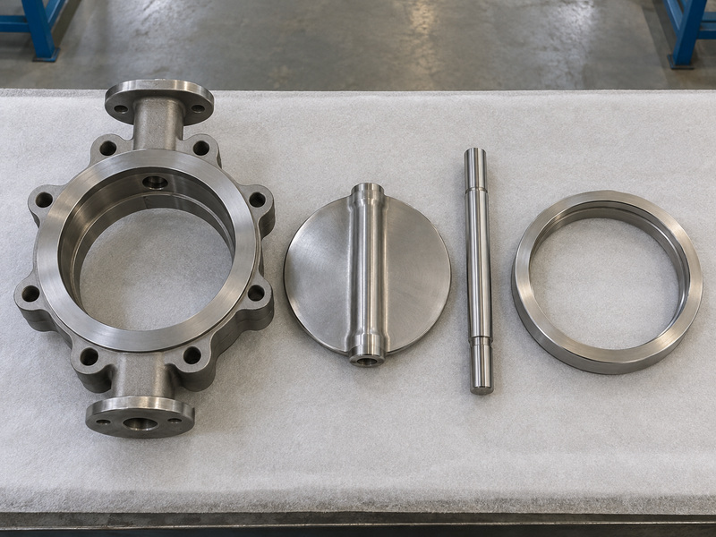 Illustrative carbon steel butterfly valve metal seat wetted-parts review with a separate empty body, detached disc with a diametral hub, straight shaft, and metal seat component.