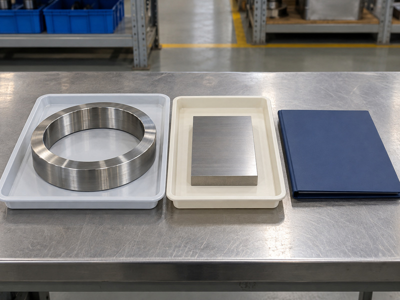 Illustrative carbon steel butterfly valve metal seat overlay-scope review with a protected metal ring, a separate rectangular metal sample, and a closed plain folder.