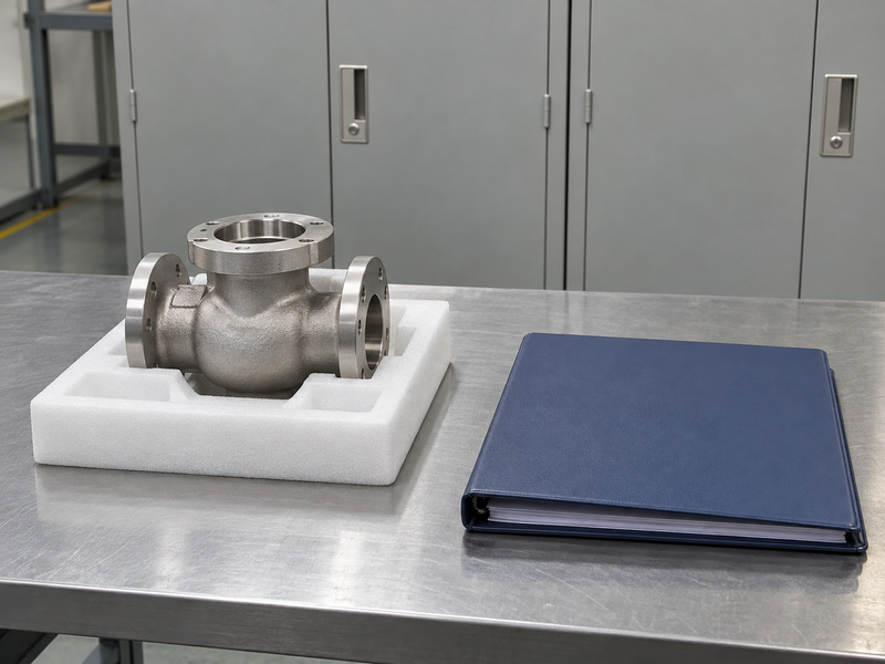 Illustrative carbon steel butterfly valve metal seat low-temperature evidence review with a protected unmarked valve-body casting sample, a closed plain folder, and closed metal cabinets.