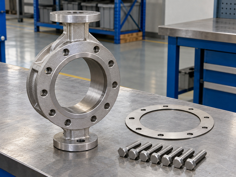 Illustrative carbon steel butterfly valve metal seat configuration-rating review with an empty metal body, a detached flat gasket, and separate bolts on a preparation bench.