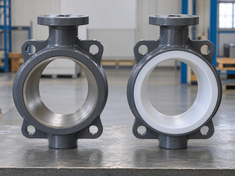 Illustrative carbon steel butterfly valve metal seat coating-versus-lining review with two separate bare bodies: one with an exposed metal bore and one internally lined bare body with a continuous light-colored lining.