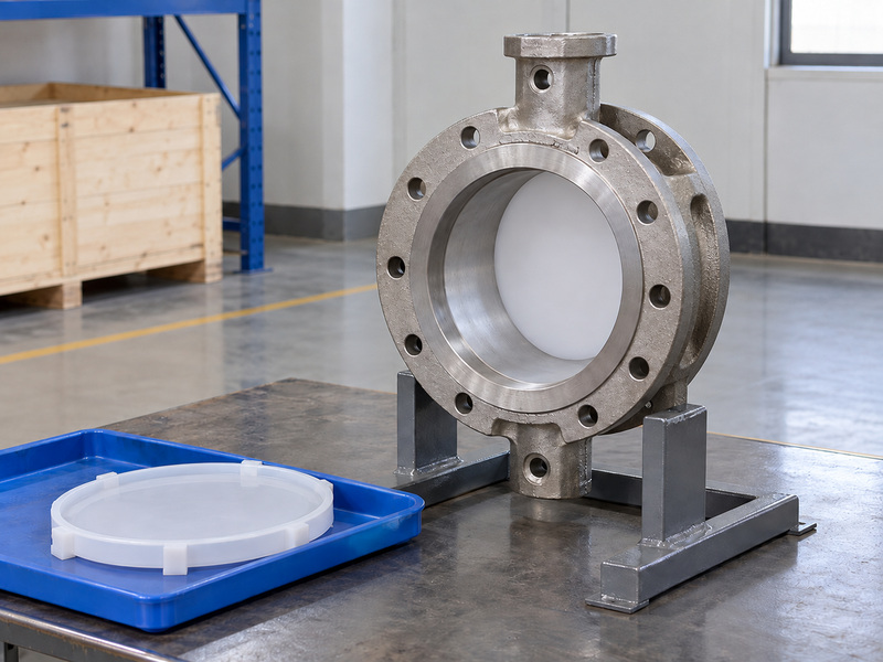 Illustrative carbon steel butterfly valve metal seat preservation review with a supported metal body, a coaxial rear end protector visible through the front opening, and a detached front protector in a tray.