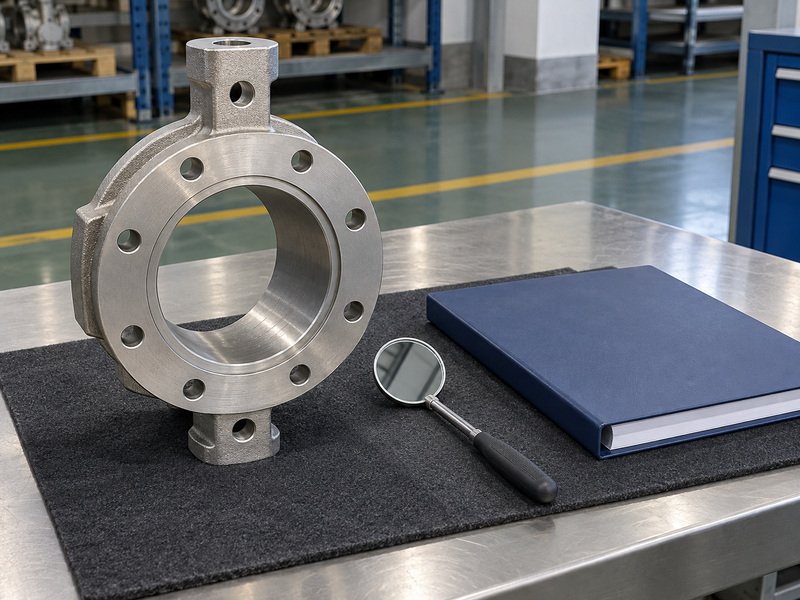 Illustrative carbon steel butterfly valve metal seat condition-record review with a bare metal body, a separate inspection mirror, and a closed plain folder on a protective mat.
