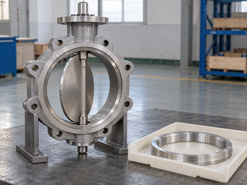 Illustrative carbon steel butterfly valve metal seat body-suitability review with a partly open valve on a stable support and a separate metal ring in a protective tray.