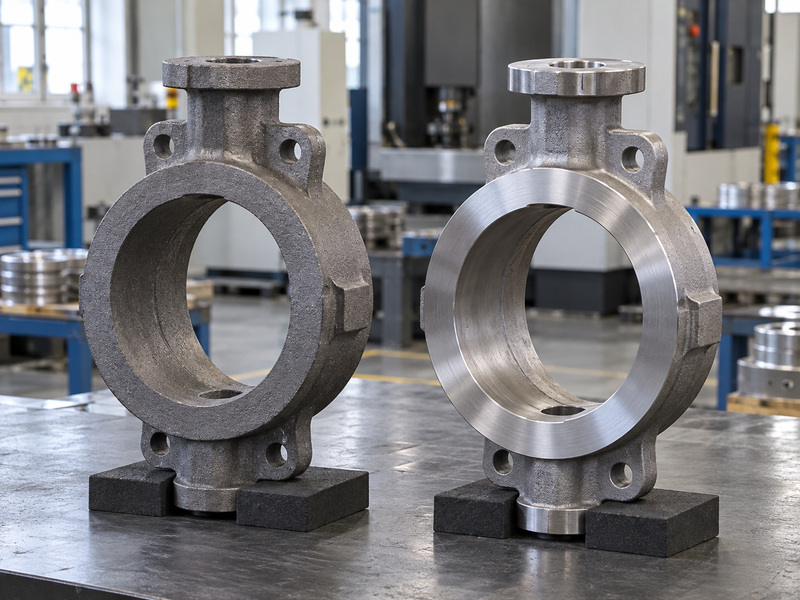 Illustrative cast iron butterfly valve body manufacture scene with rough and machined bare bodies on supports.