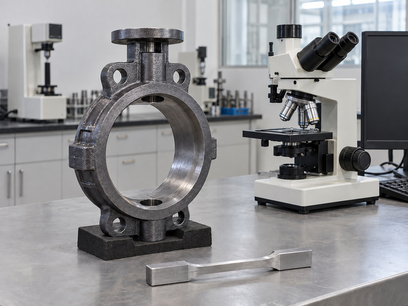 Illustrative cast iron butterfly valve body manufacture scene with an empty machined body, a tensile specimen and a microscope.