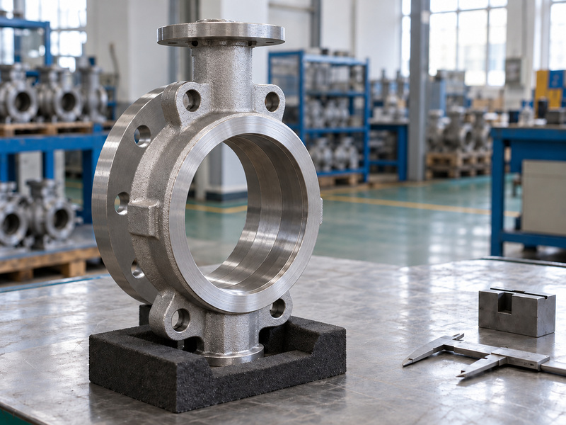 Illustrative cast iron butterfly valve body manufacture scene with a bare wafer body and a companion flange aligned behind it.