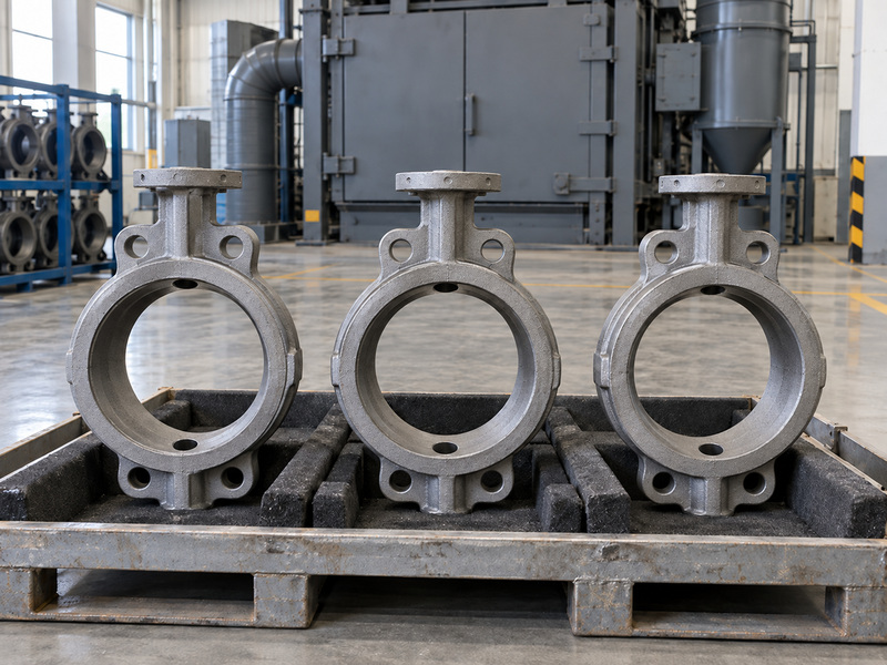 Illustrative cast iron butterfly valve body manufacture scene with three bare castings held separately in a factory receiving tray.
