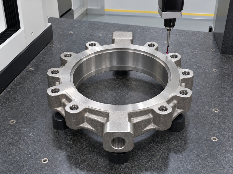 Illustrative cast iron butterfly valve body manufacture scene showing a bare lug body beneath a coordinate measuring probe.