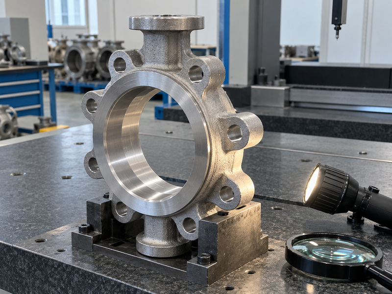 Illustrative cast iron butterfly valve body manufacture scene showing a bare body with lugs under an inspection lamp.