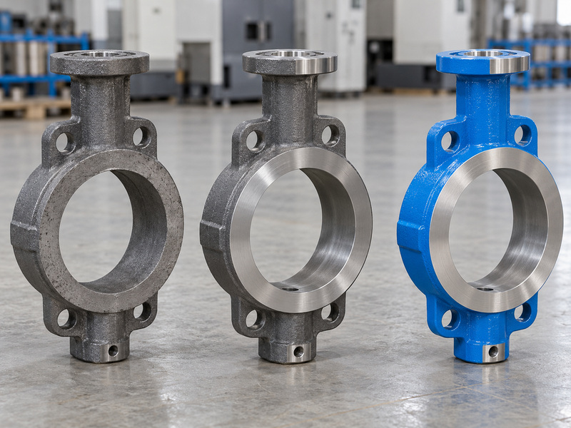Illustrative cast iron butterfly valve body manufacture comparison showing the same bare body geometry as cast, machined and externally coated.