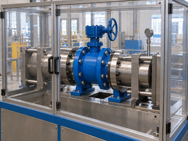 Illustrative cast iron butterfly valve body manufacture scene with an assembled flanged butterfly valve secured in an enclosed, depressurized test preparation fixture.