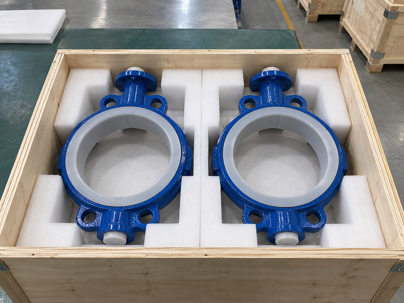 Illustrative cast iron butterfly valve body manufacture packaging scene with blue bare bodies separated by foam and fitted with removable protective rings.