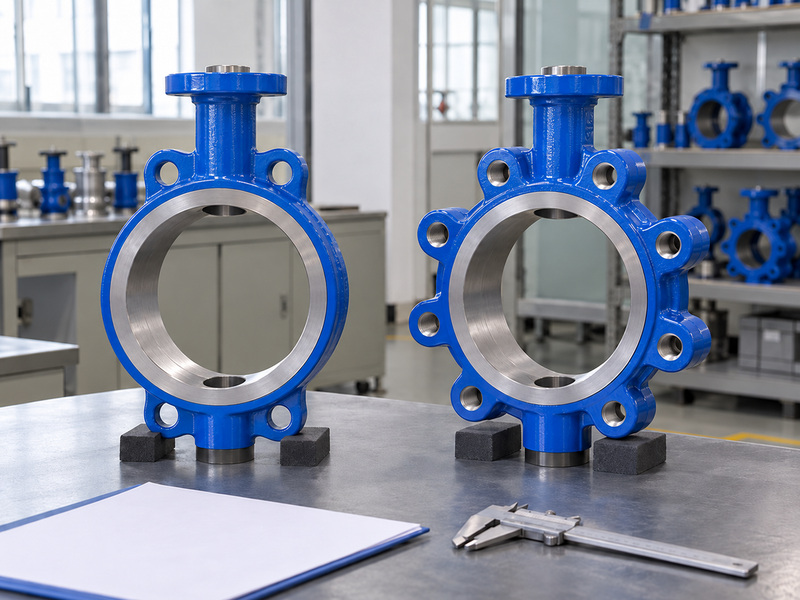 Illustrative cast iron butterfly valve body manufacture scene comparing blue wafer and lug bodies with empty bores and machined contact faces.