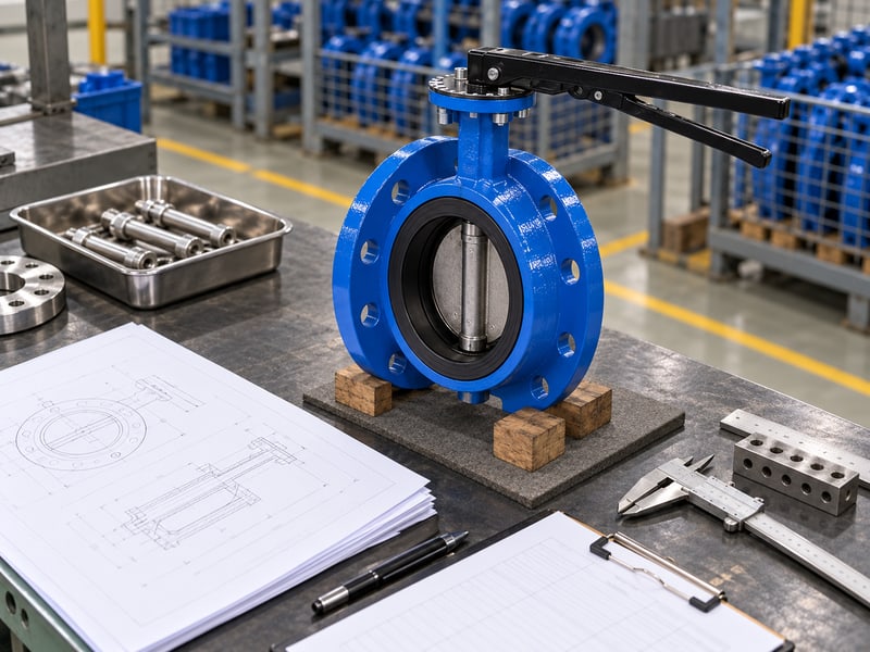 ce certification u section butterfly valve: illustrative short-flanged valve beside configuration drawings and a conformity document review index