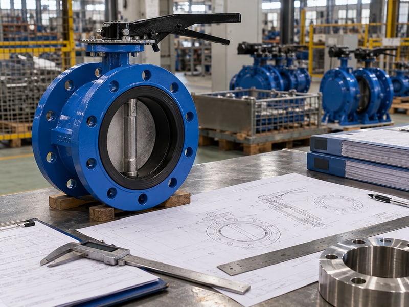 ce certification u section butterfly valve: illustrative short-flanged valve and configuration drawings at a model-specific document review desk