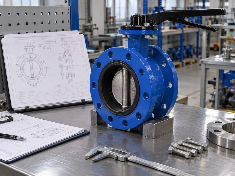 ce certification u section butterfly valve: illustrative short-flanged valve and configuration drawings at a model-specific document review desk