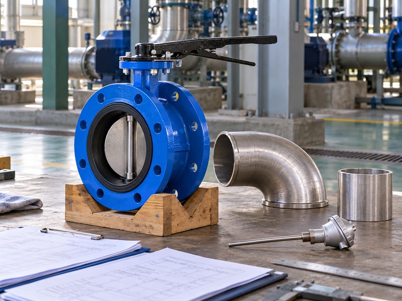 ce certification u section butterfly valve: illustrative standalone short-flanged valve beside separate water-service pipe parts and unmarked duty records