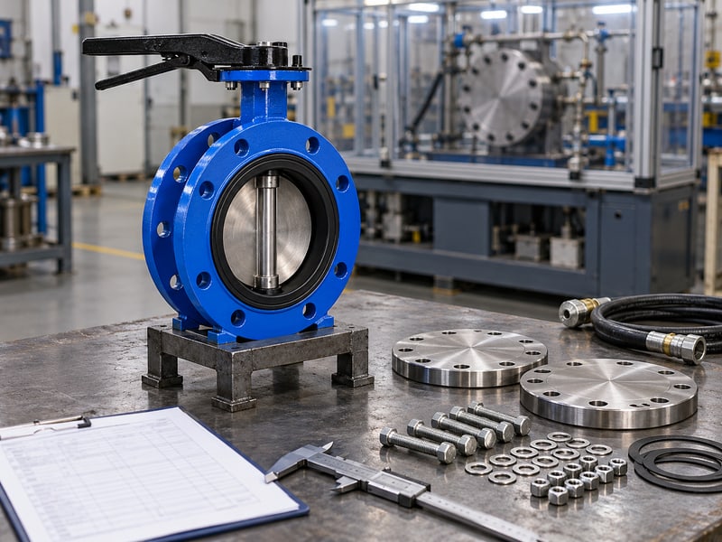 ce certification u section butterfly valve: illustrative standalone short-flanged valve beside separate blind plates and unmarked inspection preparation records