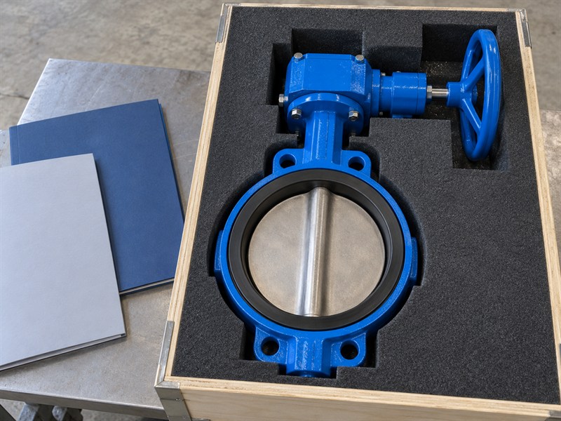 Standards review documents beside a concentric butterfly valve