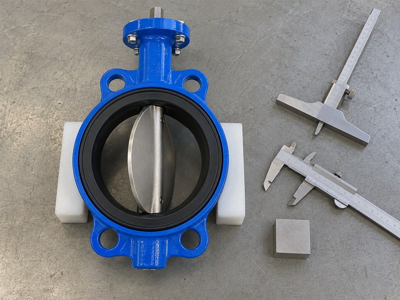 Dimensional inspection tools beside a centerline butterfly valve