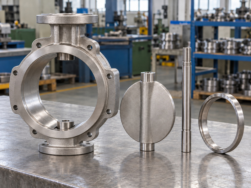 Illustrative cf3 metal to metal seated butterfly valve component review with an unmarked bare valve body, a separate disc, a straight shaft, and a metal sealing ring.