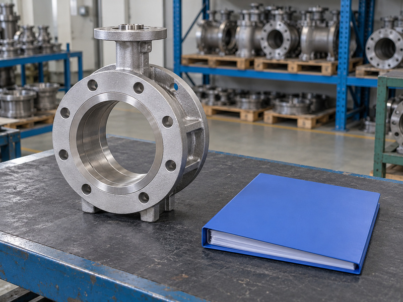 Illustrative cf3 metal to metal seated butterfly valve material-record review with an empty unmarked valve body and a closed plain folder on a workshop bench.