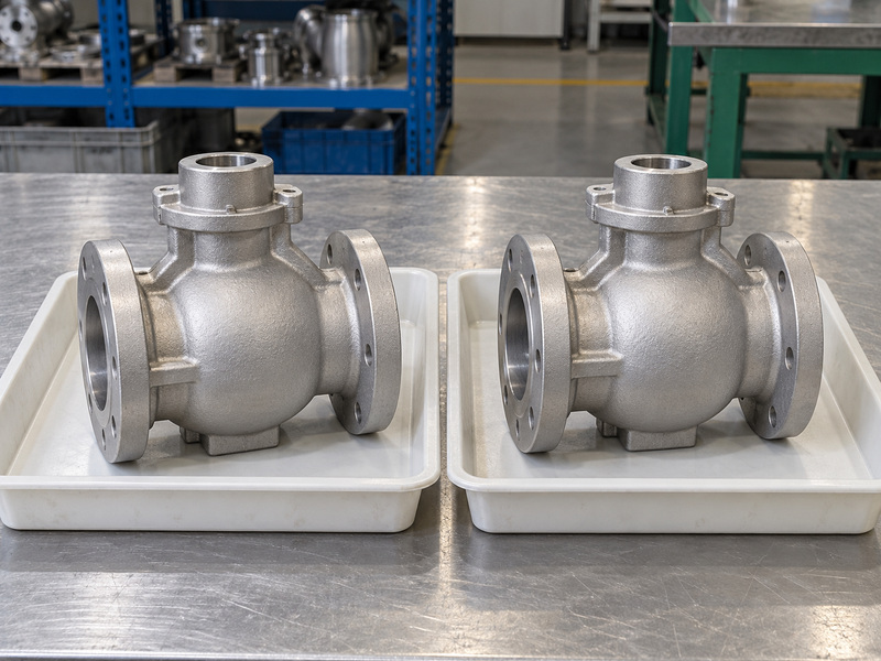 Illustrative cf3 metal to metal seated butterfly valve material-comparison review with two similar unmarked valve-body castings in separate protective trays; their grades are not identified by appearance.