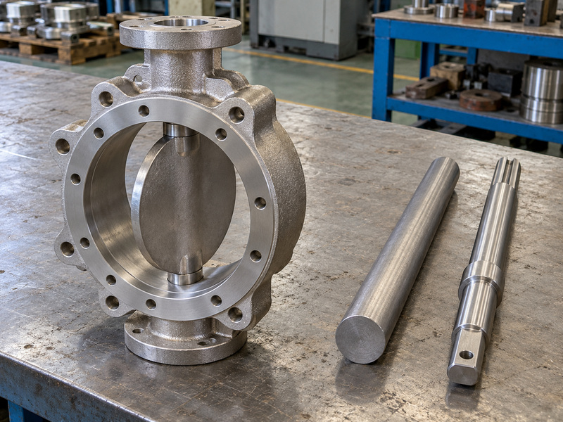 Illustrative cf3 metal to metal seated butterfly valve supply-form review with a cast valve body containing a disc, a separate round bar, and a machined straight shaft on a workshop bench.