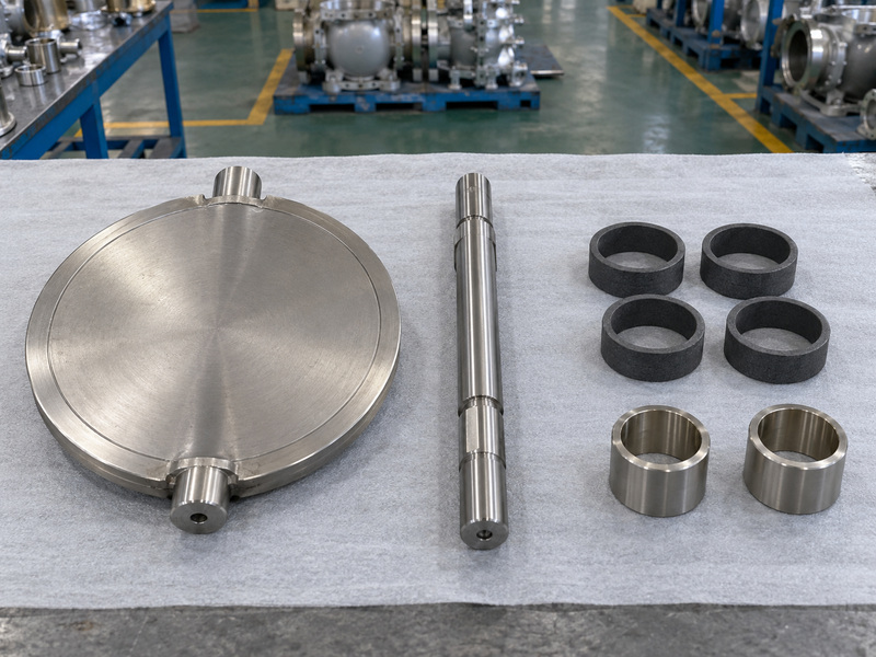 Illustrative cf3 metal to metal seated butterfly valve component-material review with a separate disc, straight shaft, dark packing rings, and two metal bearing sleeves arranged on a protective mat.