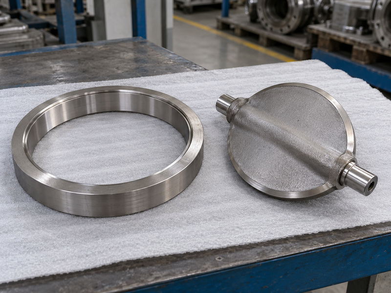 Illustrative cf3 metal to metal seated butterfly valve seating-material review with a separate metal sealing ring and a detached disc with a diametral hub on a protective pad.