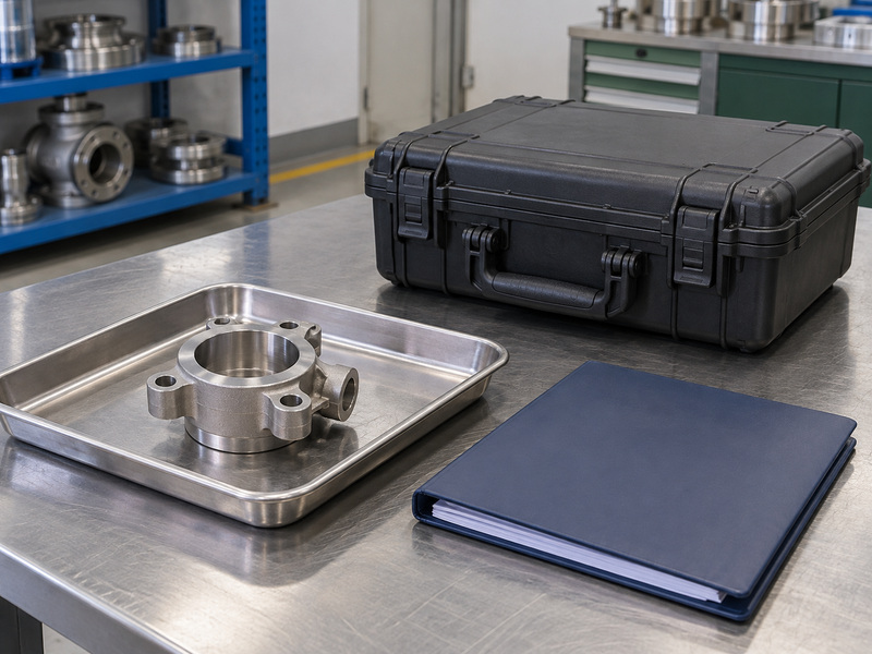 Illustrative cf3 metal to metal seated butterfly valve material-verification review with an unmarked metal sample in a tray, a closed instrument case, and a closed plain folder.
