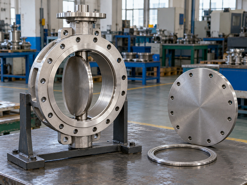 Illustrative cf3 metal to metal seated butterfly valve acceptance-planning review with a partly open supported valve, one detached blanking plate, and a separate metal ring.