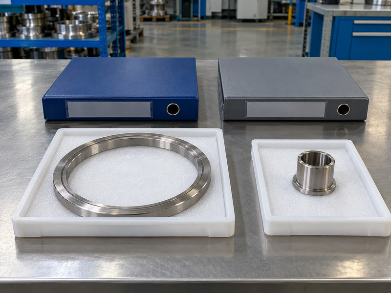Illustrative cf3 metal to metal seated butterfly valve purchasing-record review with a protected metal ring, a separate metal sleeve, and two closed folders with blank label windows.