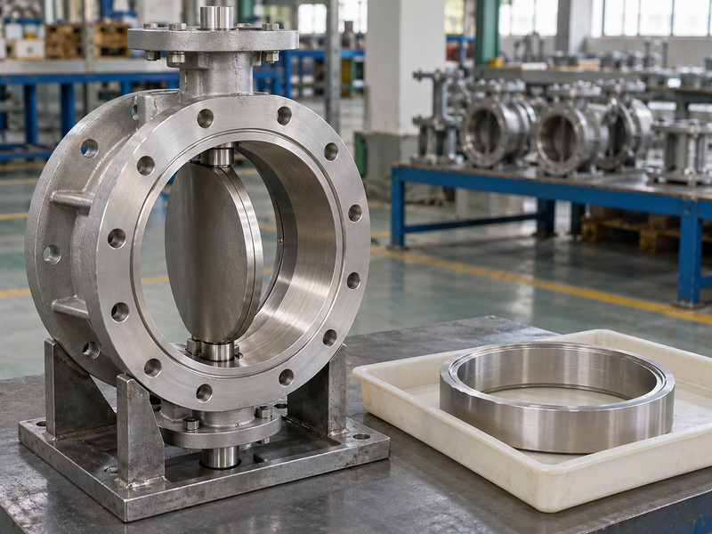 Illustrative cf3 metal to metal seated butterfly valve final component review with a partly open unmarked valve on a support and a separate metal sealing ring in a protective tray.