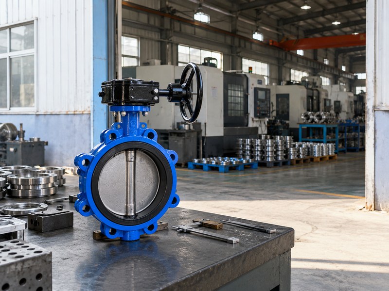 china butterfly valve manufacturer: workshop production area with a valve inspection station.