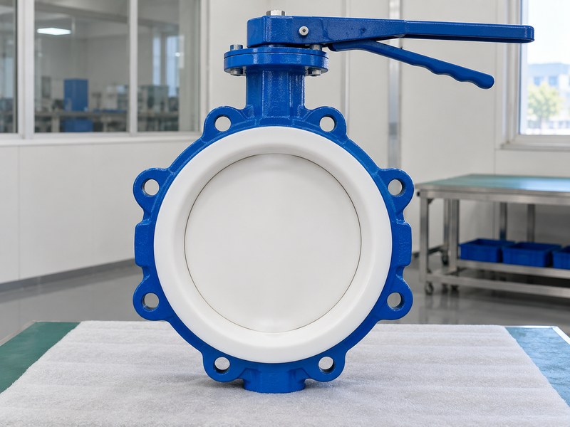 china butterfly valve manufacturer: closed white-lined valve face for a lining-construction review.