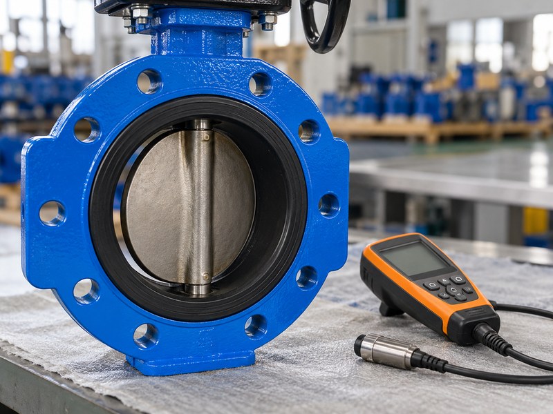 china butterfly valve manufacturer: coated valve body beside a resting thickness instrument.