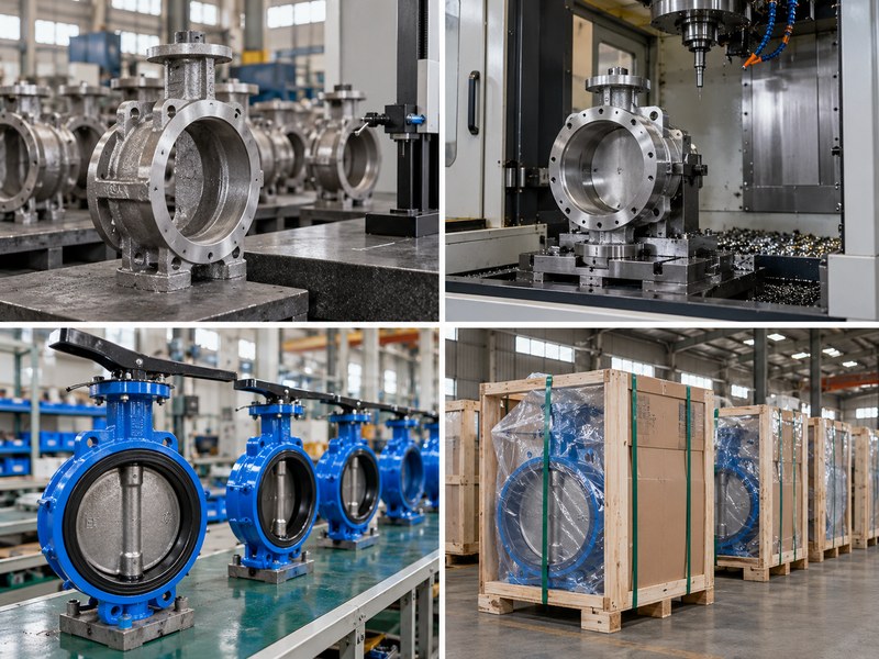 china butterfly valve manufacturer: photographic comparison of manufacturing and packing stages.