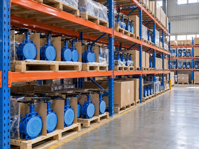 china soft seat butterfly valve factory illustration showing orderly packed valve stock in a factory warehouse