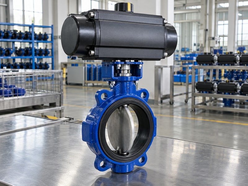 china spring return butterfly valve: complete blue valve and enclosed pneumatic operator