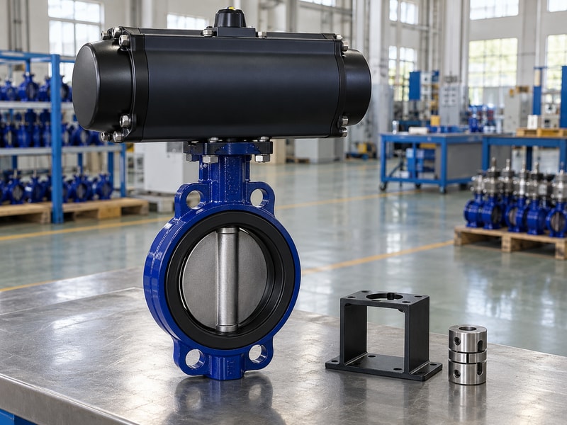 china spring return butterfly valve: assembled valve beside a spare bracket and coupling