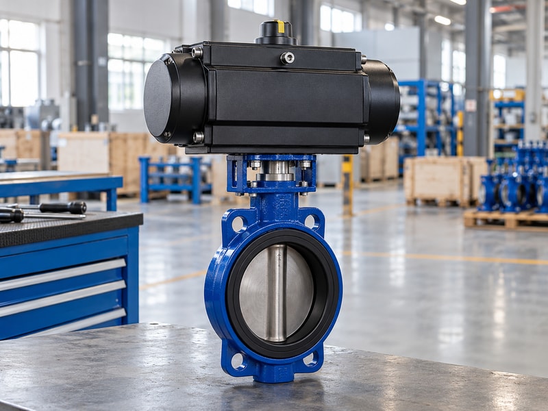 china spring return butterfly valve: complete valve and operator on a bench