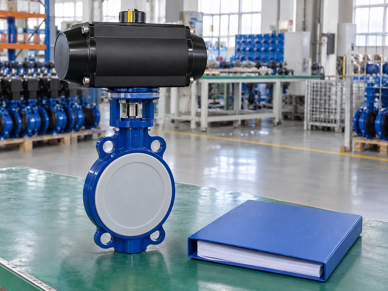 china spring return butterfly valve: protected blue valve beside a document folder