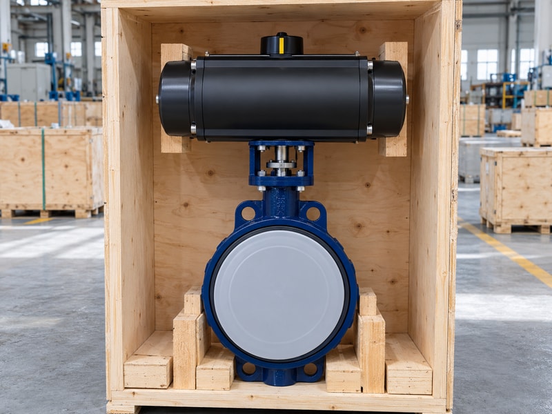 china spring return butterfly valve: protected valve and operator in a shipping crate