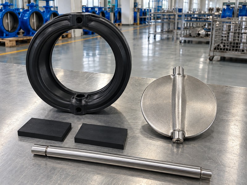 define a butterfly valve illustration showing an elastomer liner, test samples, stainless disc and straight shaft
