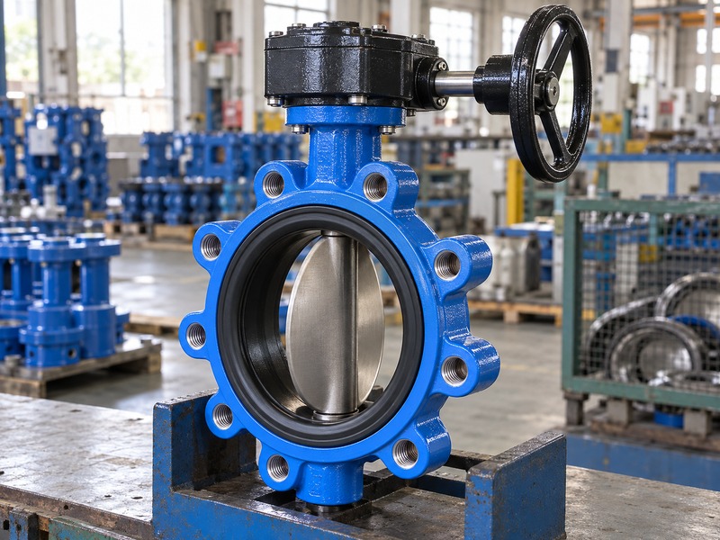 di lug type butterfly valve handwheel: elastomer seat and partly open stainless disc in lug body