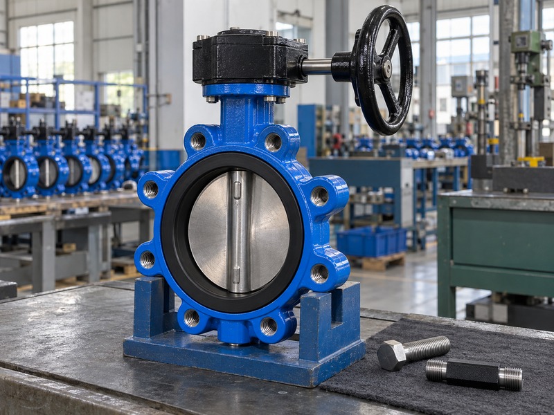 di lug type butterfly valve handwheel: lug assembly beside separate bolt and thread-gauge samples